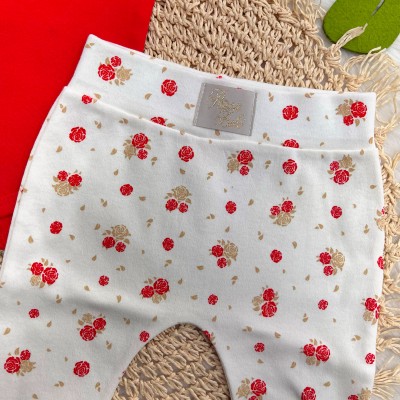Conj. de Malha 3 peças - Flor de Coração - Vermelho e Off White (FLOR DOURADA)